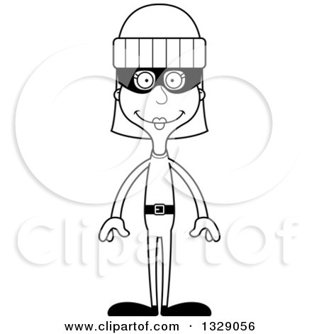 Lineart Clipart of a Cartoon Black and White Happy Tall Skinny White Woman Robber - Royalty Free Outline Vector Illustration by Cory Thoman