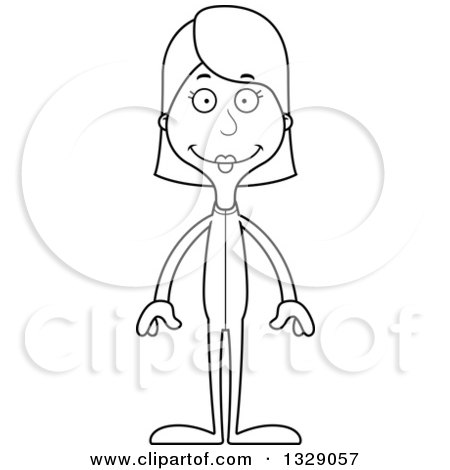 Lineart Clipart of a Cartoon Black and White Happy Tall Skinny White Woman in Footie Pajamas - Royalty Free Outline Vector Illustration by Cory Thoman