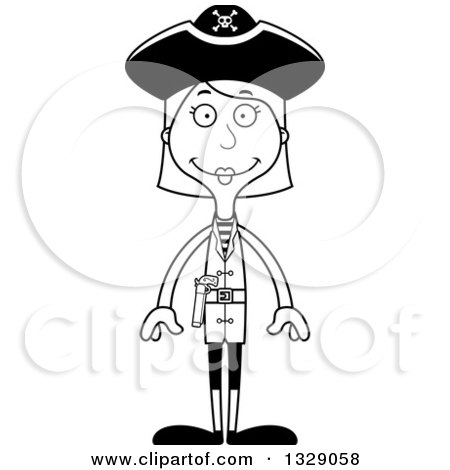 Lineart Clipart of a Cartoon Black and White Happy Tall Skinny White Woman Pirate - Royalty Free Outline Vector Illustration by Cory Thoman