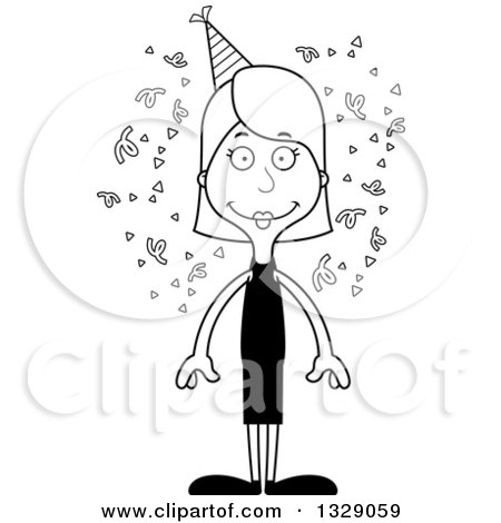 Lineart Clipart of a Cartoon Black and White Happy Tall Skinny White Party Woman - Royalty Free Outline Vector Illustration by Cory Thoman