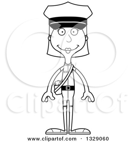 Lineart Clipart of a Cartoon Black and White Happy Tall Skinny White Woman Mail Worker - Royalty Free Outline Vector Illustration by Cory Thoman