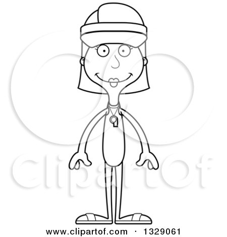 Lineart Clipart of a Cartoon Black and White Happy Tall Skinny White Woman Lifeguard - Royalty Free Outline Vector Illustration by Cory Thoman
