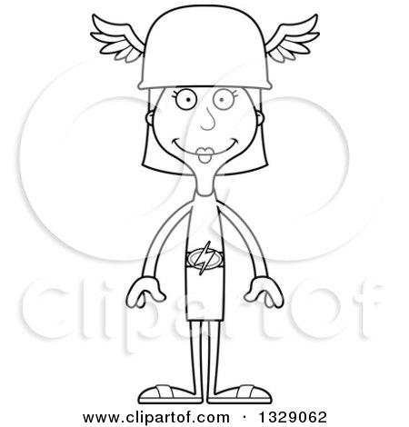 Lineart Clipart of a Cartoon Black and White Happy Tall Skinny White Hermes Woman - Royalty Free Outline Vector Illustration by Cory Thoman