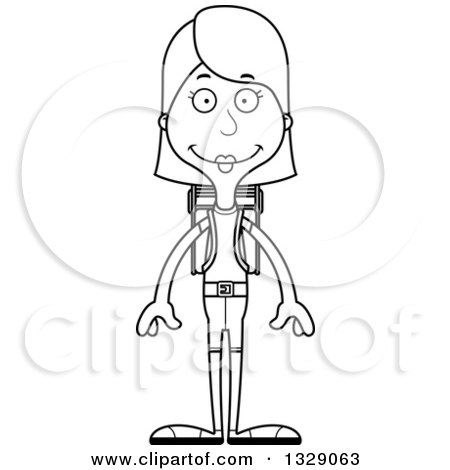 Lineart Clipart of a Cartoon Black and White Happy Tall Skinny White Woman Hiker - Royalty Free Outline Vector Illustration by Cory Thoman