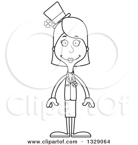 Lineart Clipart of a Cartoon Black and White Happy Tall Skinny White Irish St Patricks Day Woman - Royalty Free Outline Vector Illustration by Cory Thoman