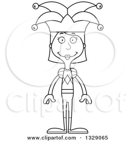 Lineart Clipart of a Cartoon Black and White Happy Tall Skinny White Woman Jester - Royalty Free Outline Vector Illustration by Cory Thoman