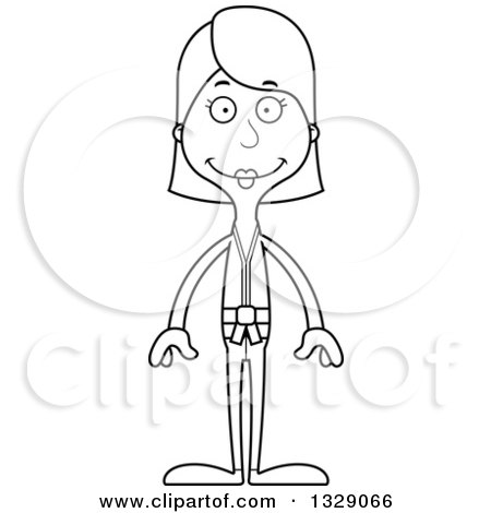 Lineart Clipart of a Cartoon Black and White Happy Tall Skinny White Karate Woman - Royalty Free Outline Vector Illustration by Cory Thoman