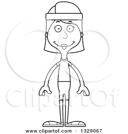 Lineart Clipart of a Cartoon Black and White Happy Tall Skinny White Fit Woman - Royalty Free Outline Vector Illustration by Cory Thoman