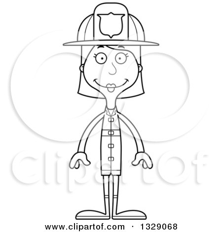 Lineart Clipart of a Cartoon Black and White Happy Tall Skinny White Woman Firefighter - Royalty Free Outline Vector Illustration by Cory Thoman