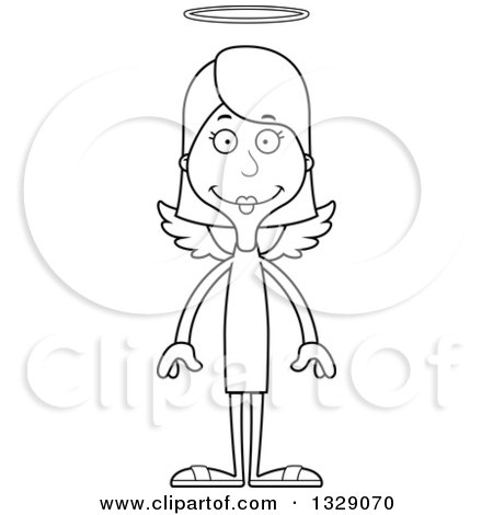 Lineart Clipart of a Cartoon Black and White Happy Tall Skinny White Woman Angel - Royalty Free Outline Vector Illustration by Cory Thoman