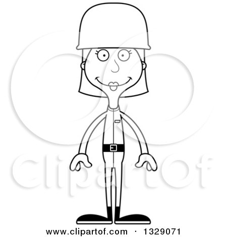 Lineart Clipart of a Cartoon Black and White Happy Tall Skinny White Army Soldier Woman - Royalty Free Outline Vector Illustration by Cory Thoman