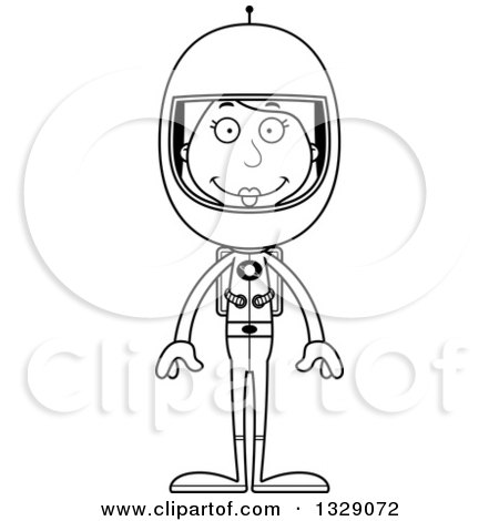 Lineart Clipart of a Cartoon Black and White Happy Tall Skinny White Woman Astronaut - Royalty Free Outline Vector Illustration by Cory Thoman
