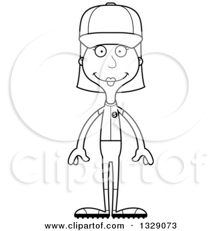 Lineart Clipart of a Cartoon Black and White Happy Tall Skinny White Woman Baseball Player - Royalty Free Outline Vector Illustration by Cory Thoman