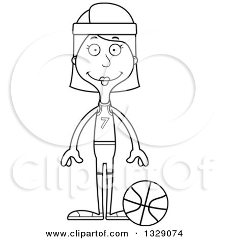 Lineart Clipart of a Cartoon Black and White Hapy Tall Skinny White Woman Basketball Player - Royalty Free Outline Vector Illustration by Cory Thoman