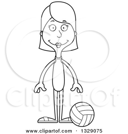 Lineart Clipart of a Cartoon Black and White Happy Tall Skinny White Woman Beach Volleyball Player - Royalty Free Outline Vector Illustration by Cory Thoman