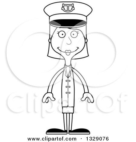 Lineart Clipart of a Cartoon Black and White Happy Tall Skinny White Woman Boat Captain - Royalty Free Outline Vector Illustration by Cory Thoman