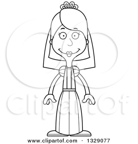 Lineart Clipart of a Cartoon Black and White Happy Tall Skinny White Woman Bride - Royalty Free Outline Vector Illustration by Cory Thoman