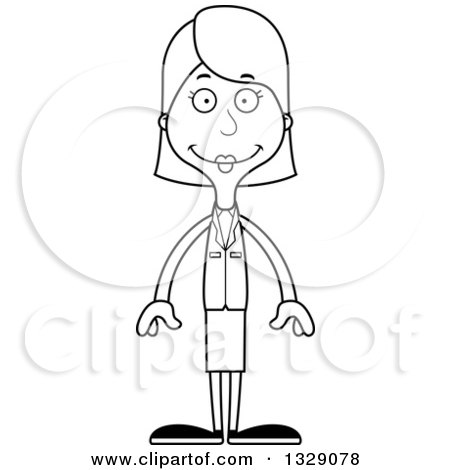 Lineart Clipart of a Cartoon Black and White Happy Tall Skinny White Business Woman - Royalty Free Outline Vector Illustration by Cory Thoman