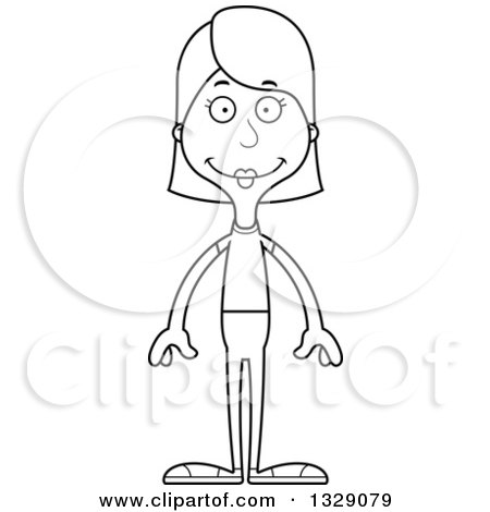 Lineart Clipart of a Cartoon Black and White Happy Tall Skinny White Casual Woman - Royalty Free Outline Vector Illustration by Cory Thoman
