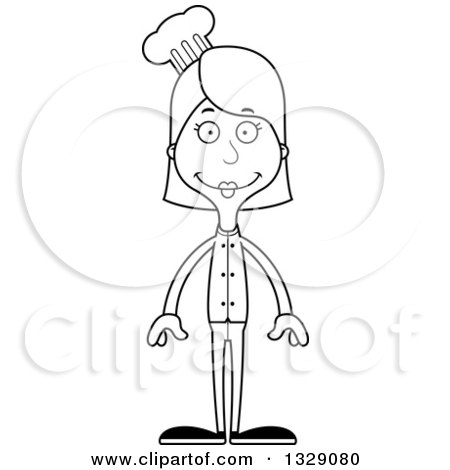 Lineart Clipart of a Cartoon Black and White Happy Tall Skinny White Woman Chef - Royalty Free Outline Vector Illustration by Cory Thoman