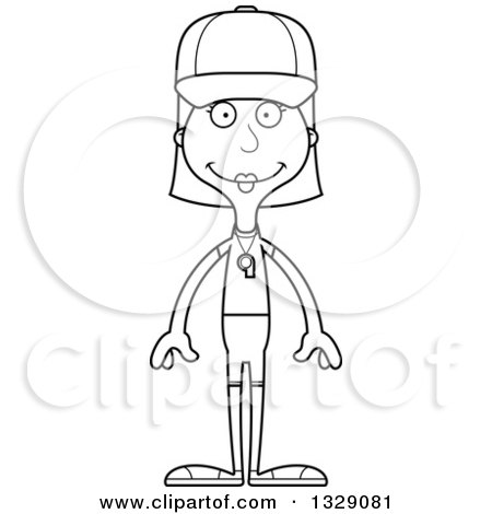 Lineart Clipart of a Cartoon Black and White Happy Tall Skinny White Woman Sports Coach - Royalty Free Outline Vector Illustration by Cory Thoman