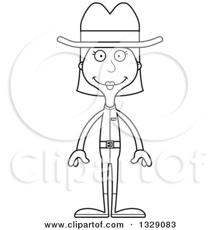 Lineart Clipart of a Cartoon Black and White Happy Tall Skinny White Cowgirl Woman - Royalty Free Outline Vector Illustration by Cory Thoman