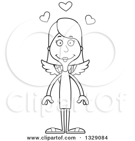 Lineart Clipart of a Cartoon Black and White Happy Tall Skinny White Woman Cupid - Royalty Free Outline Vector Illustration by Cory Thoman