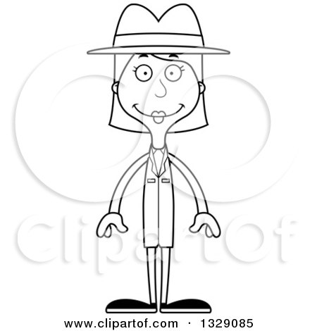 Lineart Clipart of a Cartoon Black and White Happy Tall Skinny White Woman Detective - Royalty Free Outline Vector Illustration by Cory Thoman
