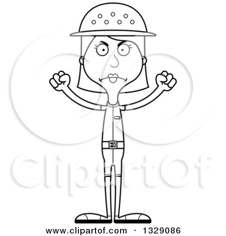 Lineart Clipart of a Cartoon Black and White Angry Tall Skinny White Woman Zookeeper - Royalty Free Outline Vector Illustration by Cory Thoman