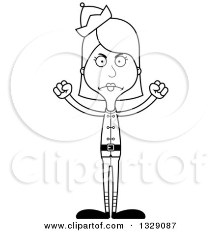 Lineart Clipart of a Cartoon Black and White Angry Tall Skinny White Christmas Elf Woman - Royalty Free Outline Vector Illustration by Cory Thoman