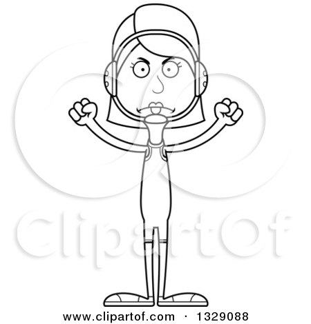 Lineart Clipart of a Cartoon Black and White Angry Tall Skinny White Woman Wrestler - Royalty Free Outline Vector Illustration by Cory Thoman