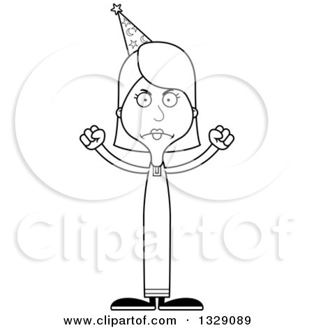 Lineart Clipart of a Cartoon Black and White Angry Tall Skinny White Wizard Woman - Royalty Free Outline Vector Illustration by Cory Thoman