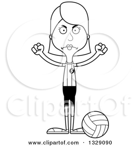 Lineart Clipart of a Cartoon Black and White Angry Tall Skinny White Woman Volleyball Player - Royalty Free Outline Vector Illustration by Cory Thoman