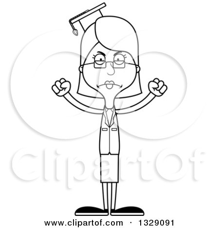 Lineart Clipart of a Cartoon Black and White Angry Tall Skinny White Woman Professor - Royalty Free Outline Vector Illustration by Cory Thoman