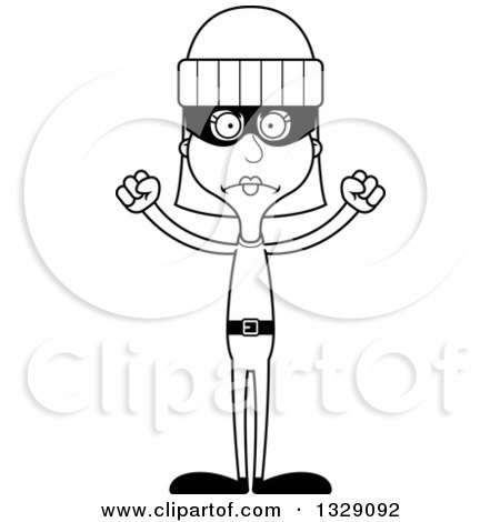 Lineart Clipart of a Cartoon Black and White Angry Tall Skinny White Woman Robber - Royalty Free Outline Vector Illustration by Cory Thoman