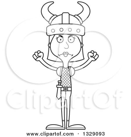 Lineart Clipart of a Cartoon Black and White Angry Tall Skinny White Woman Viking - Royalty Free Outline Vector Illustration by Cory Thoman