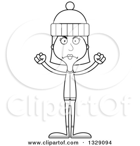Lineart Clipart of a Cartoon Black and White Angry Tall Skinny White Woman in Winter Clothes - Royalty Free Outline Vector Illustration by Cory Thoman