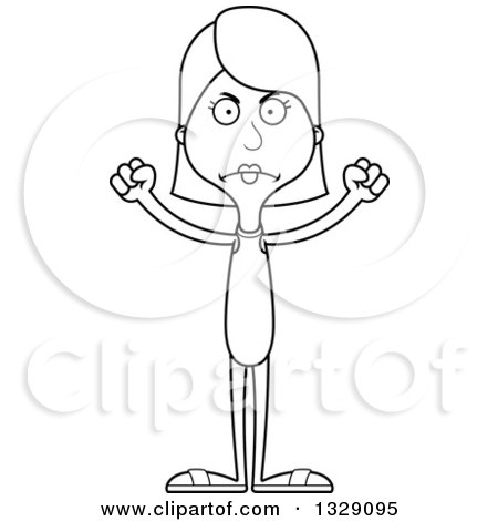 Lineart Clipart of a Cartoon Black and White Angry Tall Skinny White Woman Swimmer - Royalty Free Outline Vector Illustration by Cory Thoman