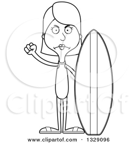 Lineart Clipart of a Cartoon Black and White Angry Tall Skinny White Woman Surfer - Royalty Free Outline Vector Illustration by Cory Thoman