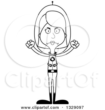 Lineart Clipart of a Cartoon Black and White Angry Tall Skinny White Futuristic Space Woman - Royalty Free Outline Vector Illustration by Cory Thoman