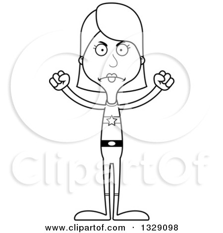 Lineart Clipart of a Cartoon Black and White Angry Tall Skinny White Super Woman - Royalty Free Outline Vector Illustration by Cory Thoman