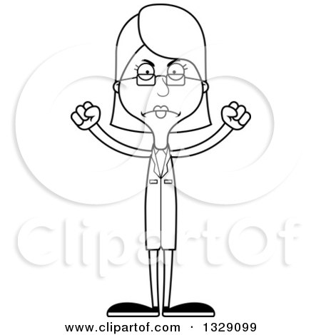 Lineart Clipart of a Cartoon Black and White Angry Tall Skinny White Woman Scientist - Royalty Free Outline Vector Illustration by Cory Thoman