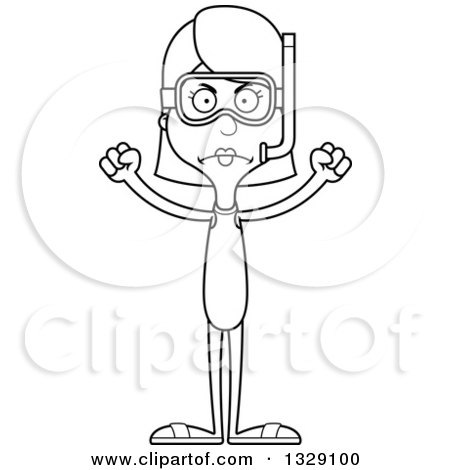 Lineart Clipart of a Cartoon Black and White Angry Tall Skinny White Woman in Snorkel Gear - Royalty Free Outline Vector Illustration by Cory Thoman