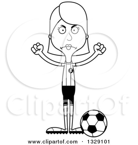 Lineart Clipart of a Cartoon Black and White Angry Tall Skinny White Woman Soccer Player - Royalty Free Outline Vector Illustration by Cory Thoman
