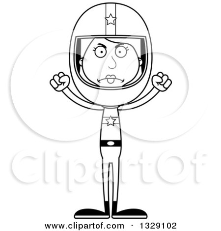Lineart Clipart of a Cartoon Black and White Angry Tall Skinny White Woman Race Car Driver - Royalty Free Outline Vector Illustration by Cory Thoman