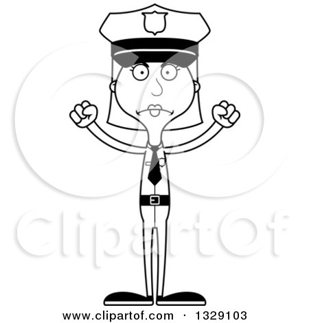 Lineart Clipart of a Cartoon Black and White Angry Tall Skinny White Woman Police Officer - Royalty Free Outline Vector Illustration by Cory Thoman