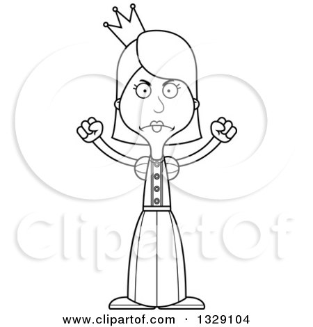 Lineart Clipart of a Cartoon Black and White Angry Tall Skinny White Woman Princess - Royalty Free Outline Vector Illustration by Cory Thoman