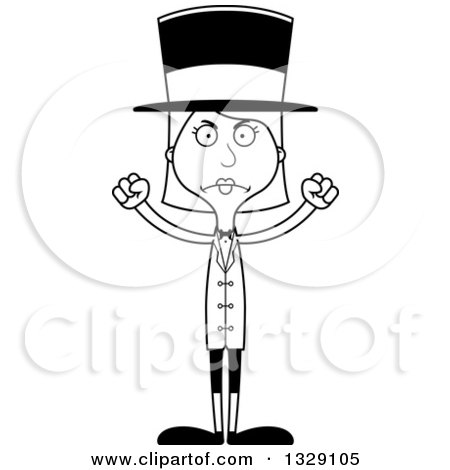 Lineart Clipart of a Cartoon Black and White Angry Tall Skinny White Woman Circus Ringmaster - Royalty Free Outline Vector Illustration by Cory Thoman