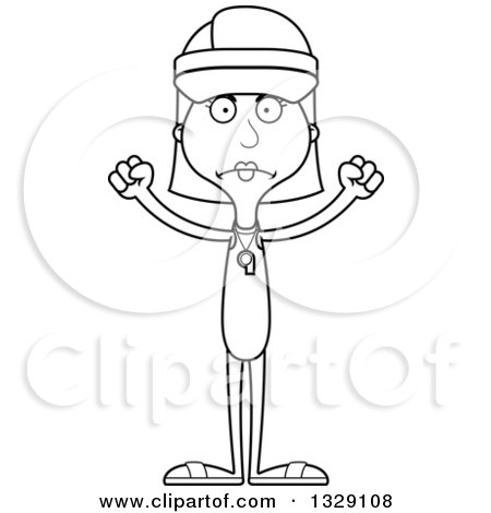 Lineart Clipart of a Cartoon Black and White Angry Tall Skinny White Woman Lifeguard - Royalty Free Outline Vector Illustration by Cory Thoman