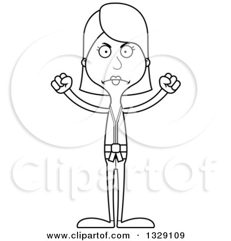 Lineart Clipart of a Cartoon Black and White Angry Tall Skinny White Karate Woman - Royalty Free Outline Vector Illustration by Cory Thoman
